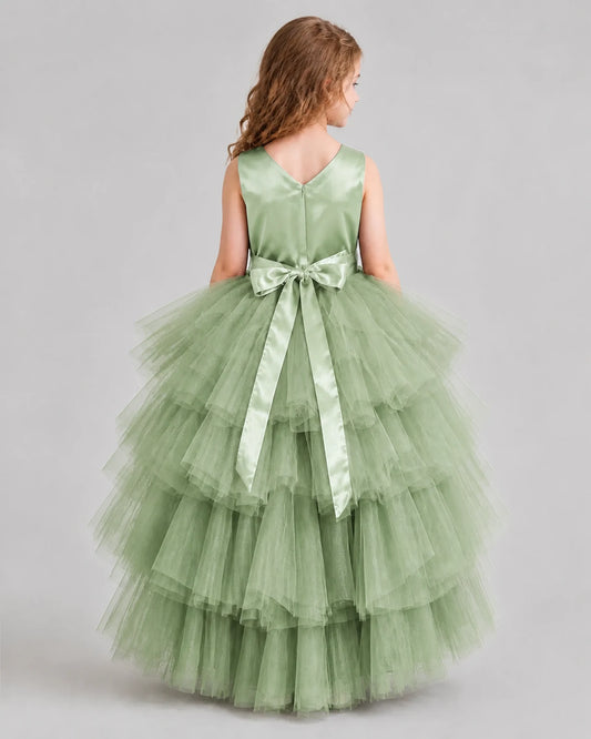 Sage Green Flared Girls Formal Dresses Back
