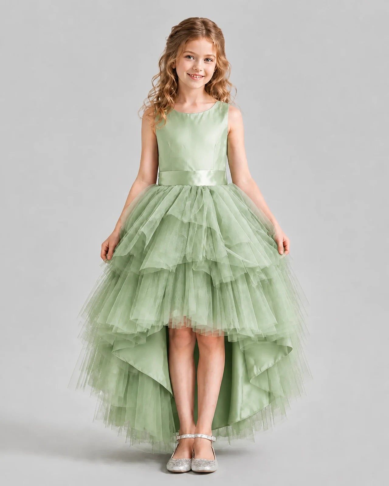 Sage Green Flared Girls Formal Dresses Pose