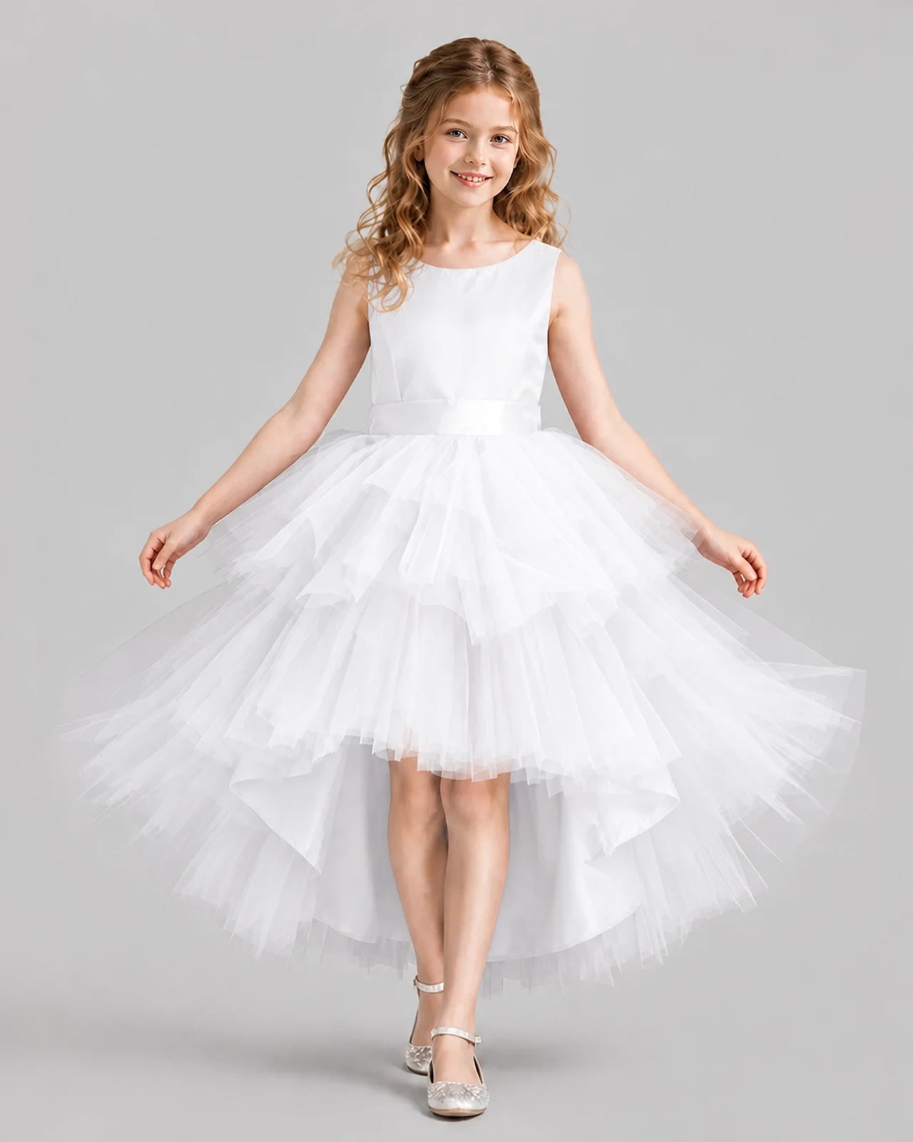 White Flared Girls Formal Dresses Front