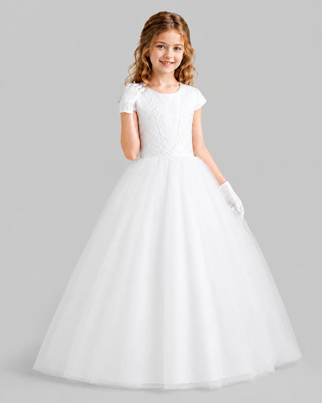 White Ball Gown First Communion Dresses Pose