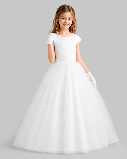 White Ball Gown First Communion Dresses Pose