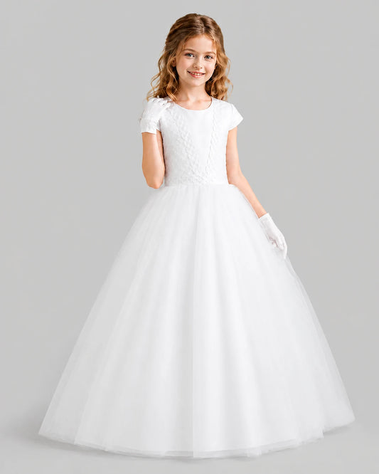 White Ball Gown First Communion Dresses Pose