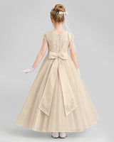 Champagne Tulle Lace A-Line Flower Girl Dresses Back View