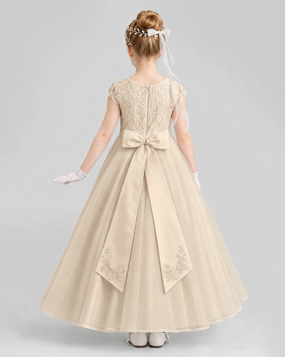 Dideyttawl Cap Sleeve Lace Tulle Flower Girl Dress with Bow
