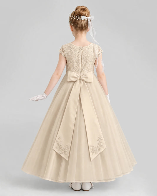 Champagne Tulle Lace A-Line Flower Girl Dresses Back View