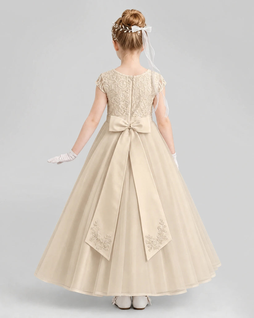 Champagne Tulle Lace A-Line Flower Girl Dresses Back View