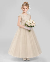 Champagne Tulle Lace Cap Sleeve A-Line Flower Girl Dresses Front View