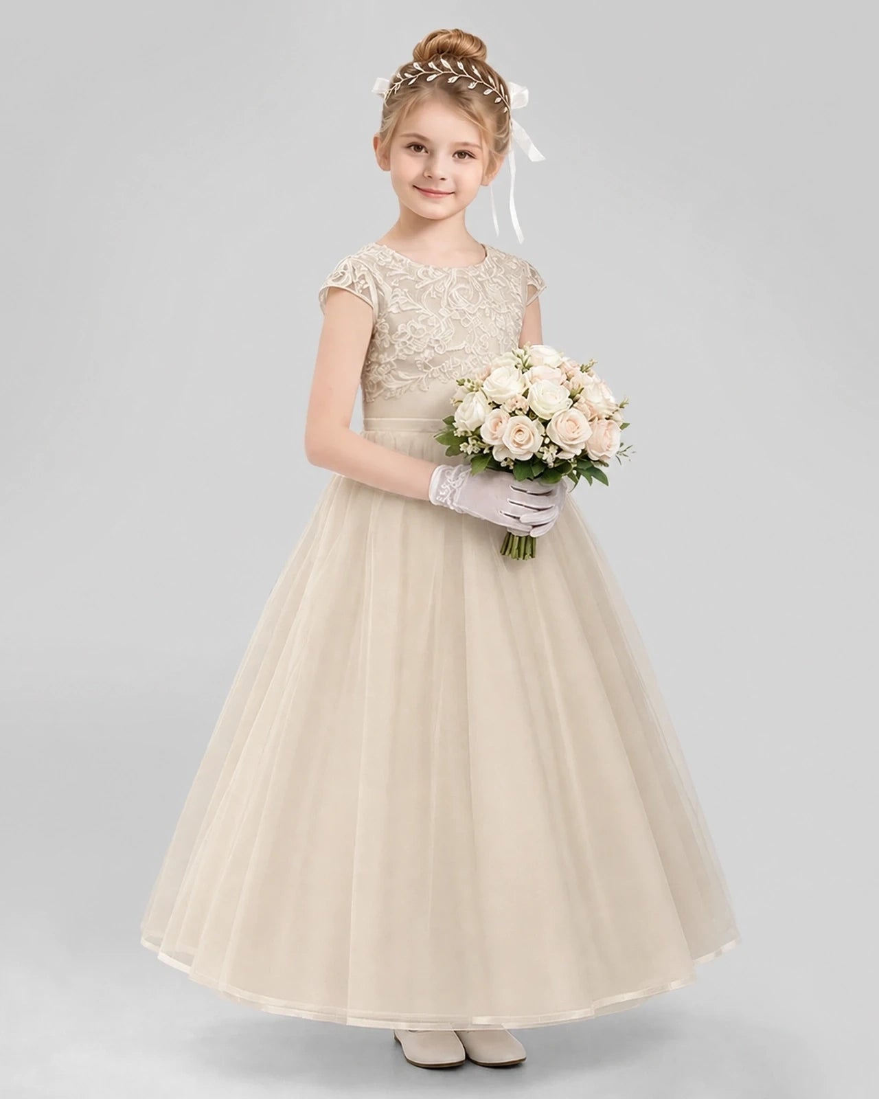 Champagne Tulle Lace Cap Sleeve A-Line Flower Girl Dresses Front View