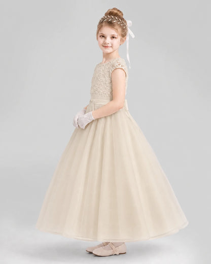Dideyttawl Cap Sleeve Lace Tulle Flower Girl Dress with Bow