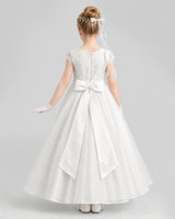 Ivory Tulle Cap Sleeve A-Line Flower Girl Dress Back View