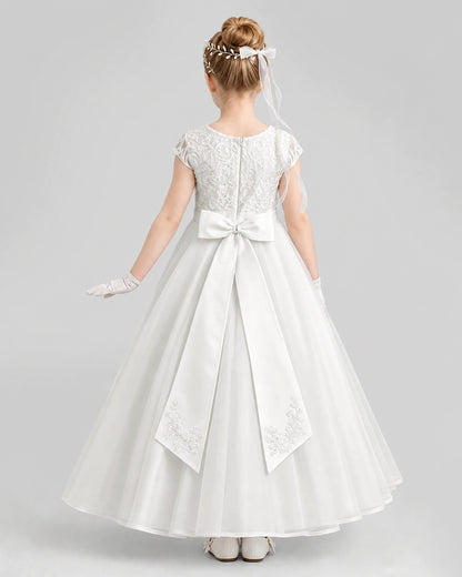 Dideyttawl Cap Sleeve Lace Tulle Flower Girl Dress with Bow