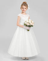 Ivory Tulle Cap Sleeve A-Line Flower Girl Dresses Front View
