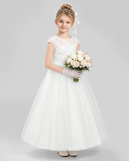 Dideyttawl Cap Sleeve Lace Tulle Flower Girl Dress with Bow