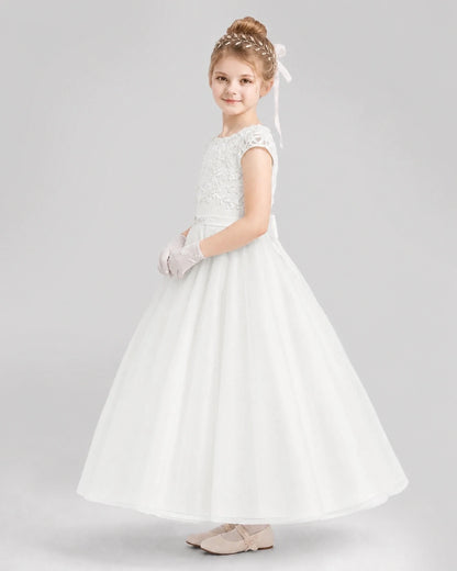 Dideyttawl Cap Sleeve Lace Tulle Flower Girl Dress with Bow