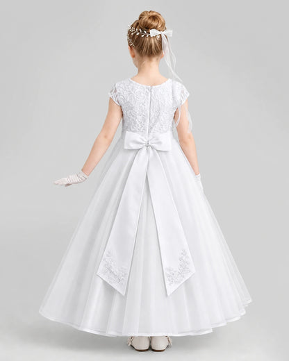 Dideyttawl Cap Sleeve Lace Tulle Flower Girl Dress with Bow