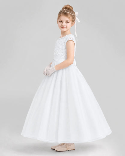 Dideyttawl Cap Sleeve Lace Tulle Flower Girl Dress with Bow