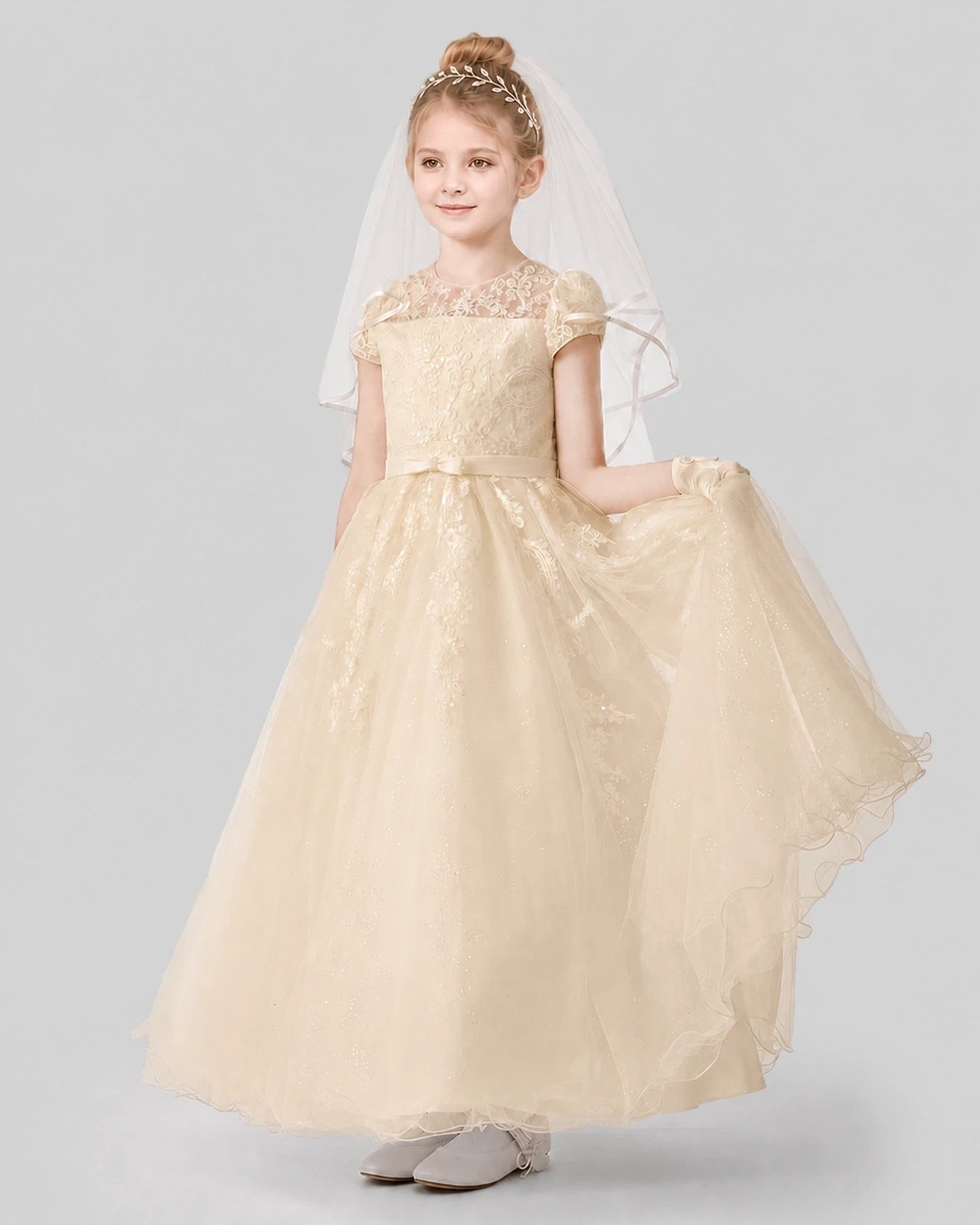 Dideyttawl Sparkle Tulle Lace Cap Sleeve Flower Girl Dress