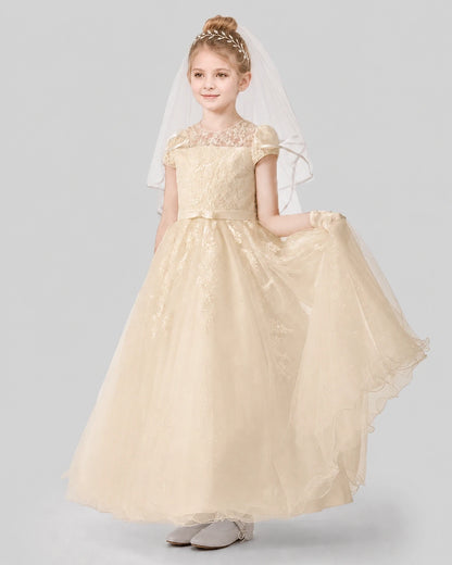 Dideyttawl Sparkle Tulle Lace Cap Sleeve Flower Girl Dress