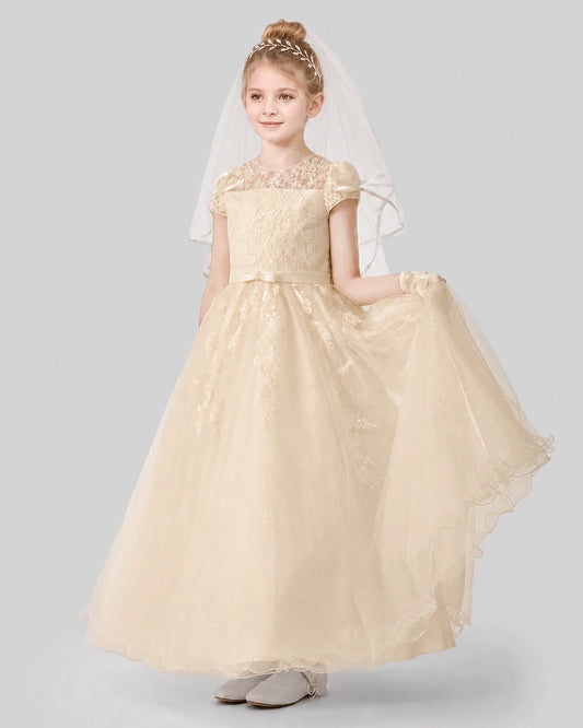 Champagne Tulle A-Line Flower Girl Dresses Front View