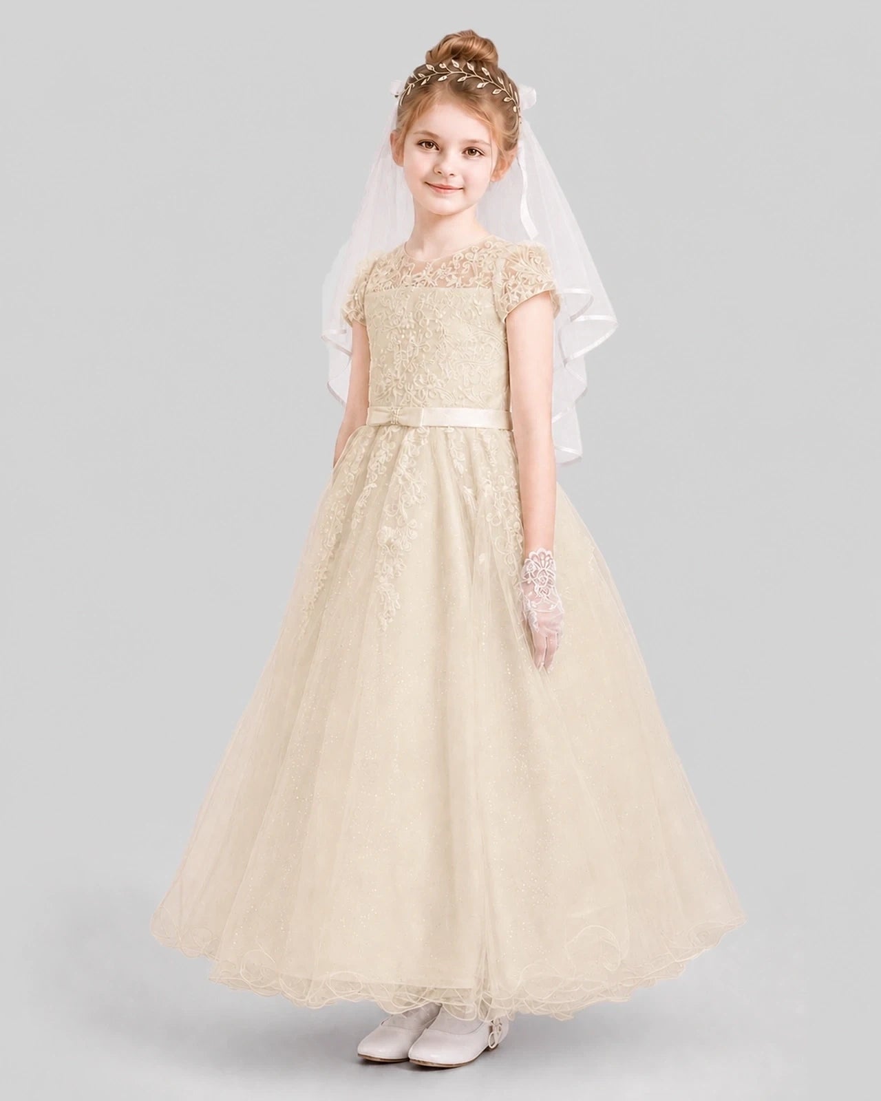 Dideyttawl Sparkle Tulle Lace Cap Sleeve Flower Girl Dress
