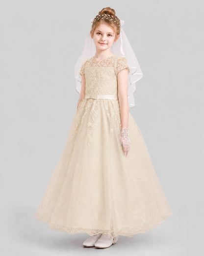 Dideyttawl Sparkle Tulle Lace Cap Sleeve Flower Girl Dress