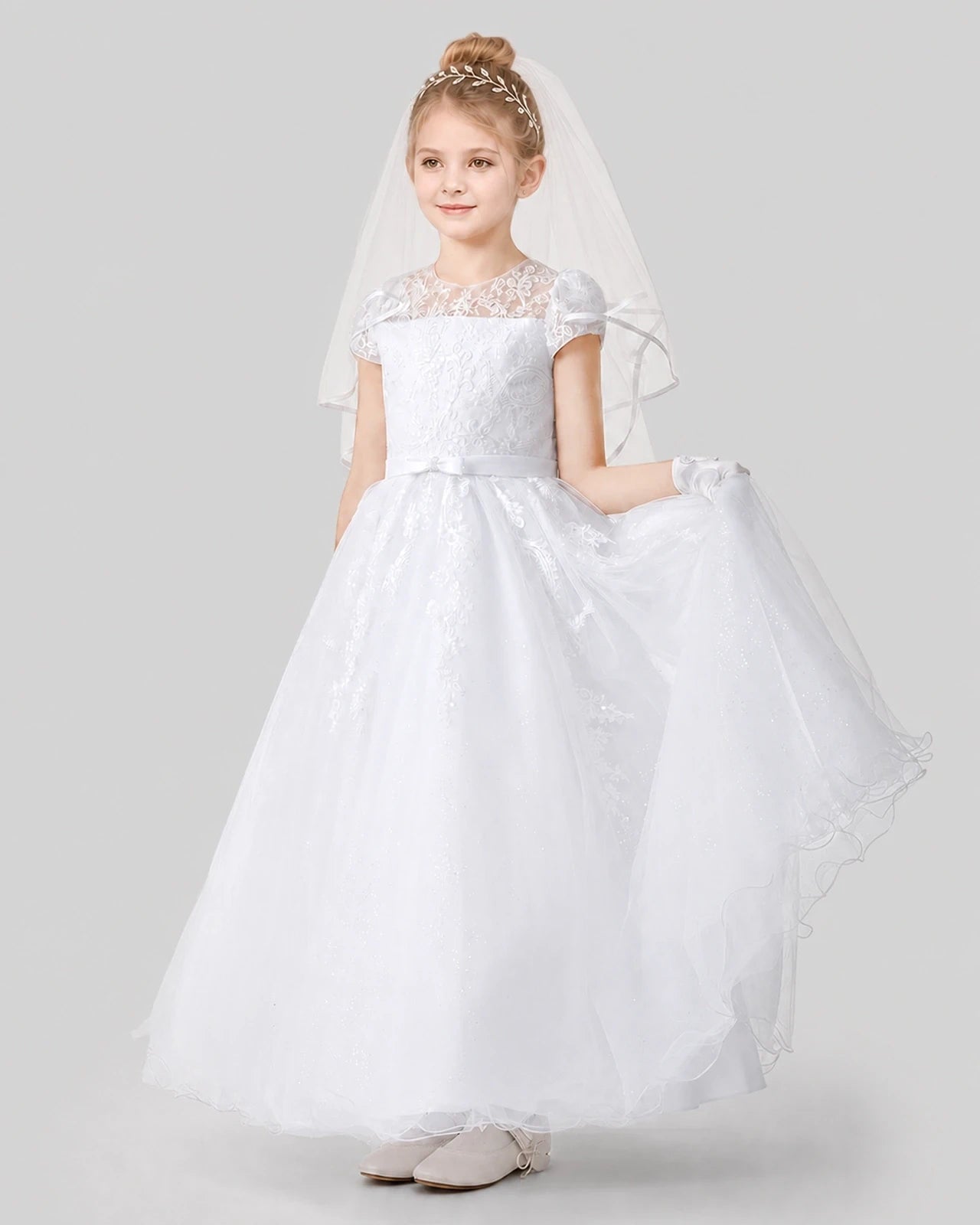 Dideyttawl Sparkle Tulle Lace Cap Sleeve Flower Girl Dress