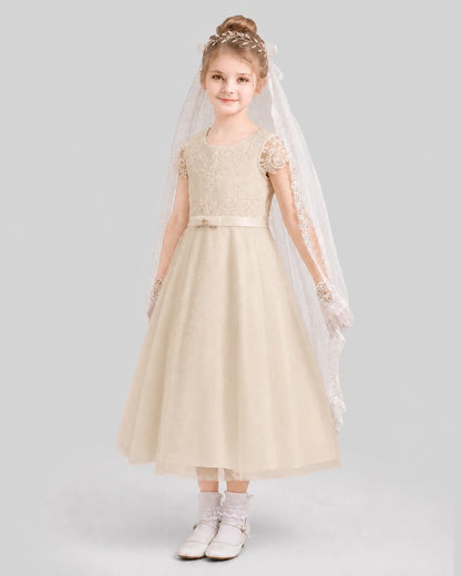 Dideyttawl Lace Cap Sleeve Sparkle Tulle Flower Girl Dress