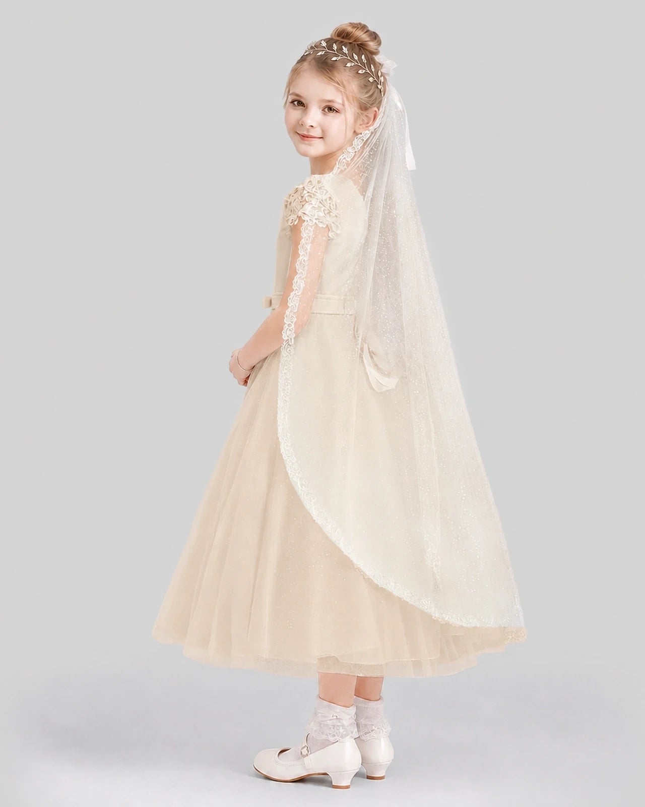 Dideyttawl Lace Cap Sleeve Sparkle Tulle Flower Girl Dress
