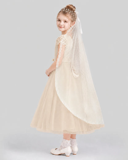 Dideyttawl Lace Cap Sleeve Sparkle Tulle Flower Girl Dress