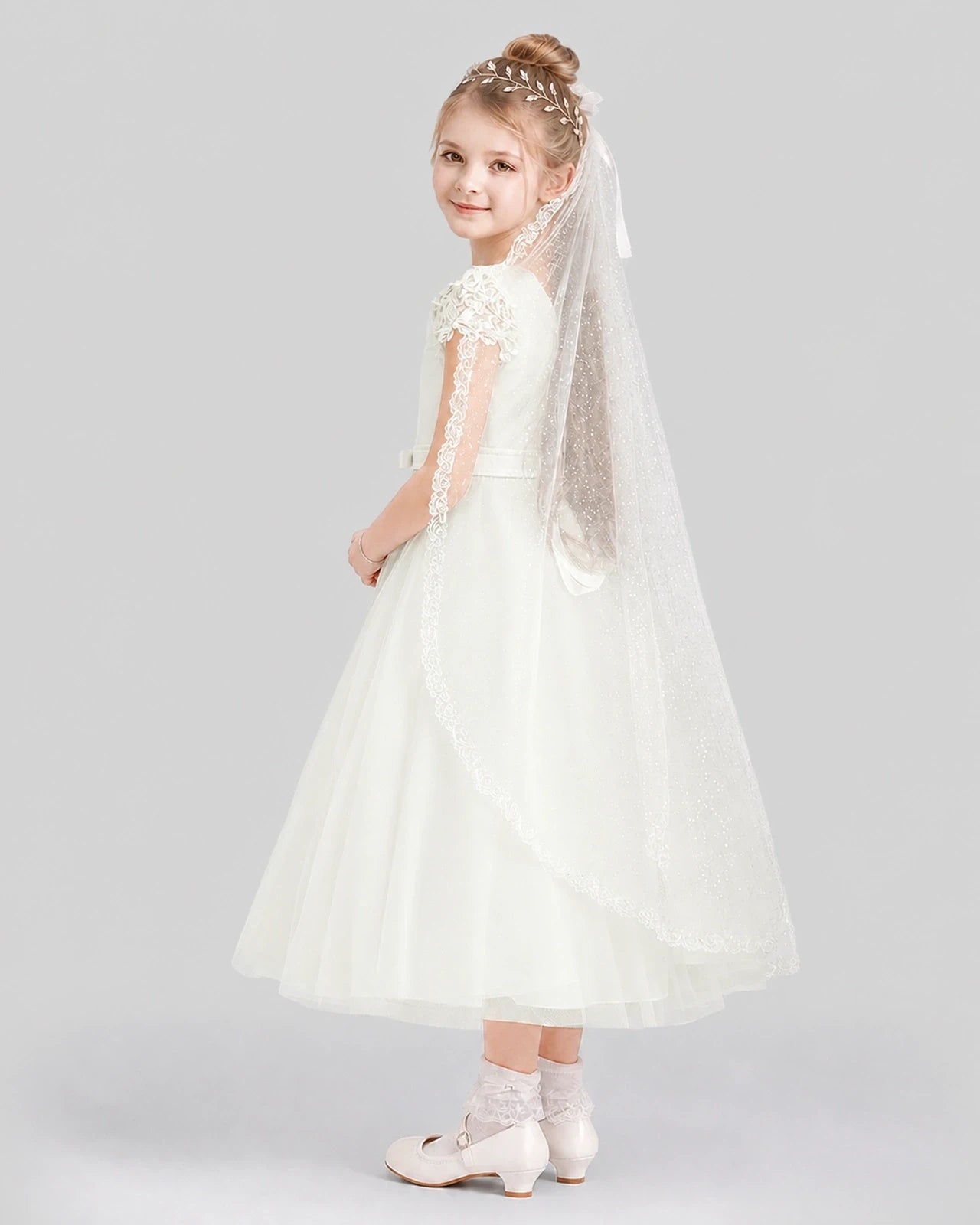 Dideyttawl Lace Cap Sleeve Sparkle Tulle Flower Girl Dress