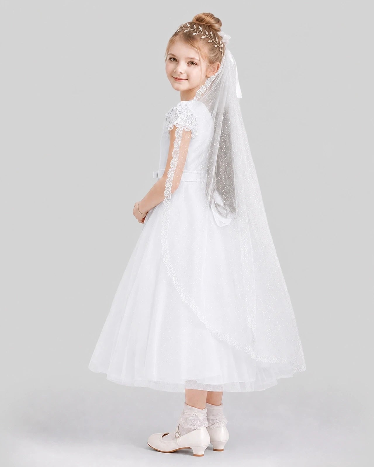 Dideyttawl Lace Cap Sleeve Sparkle Tulle Flower Girl Dress