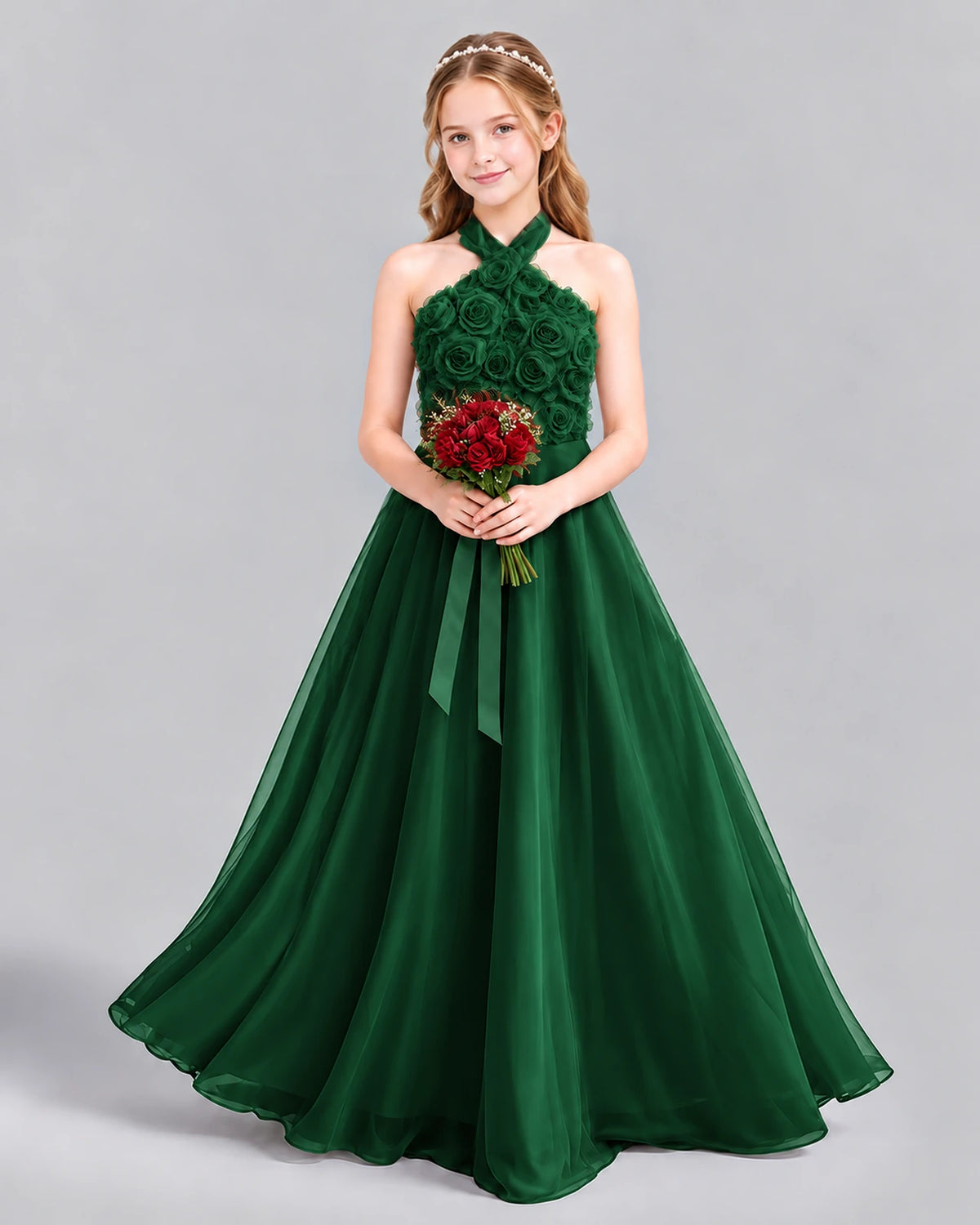 Dark Green Ball Gown Girls Formal Dress Front