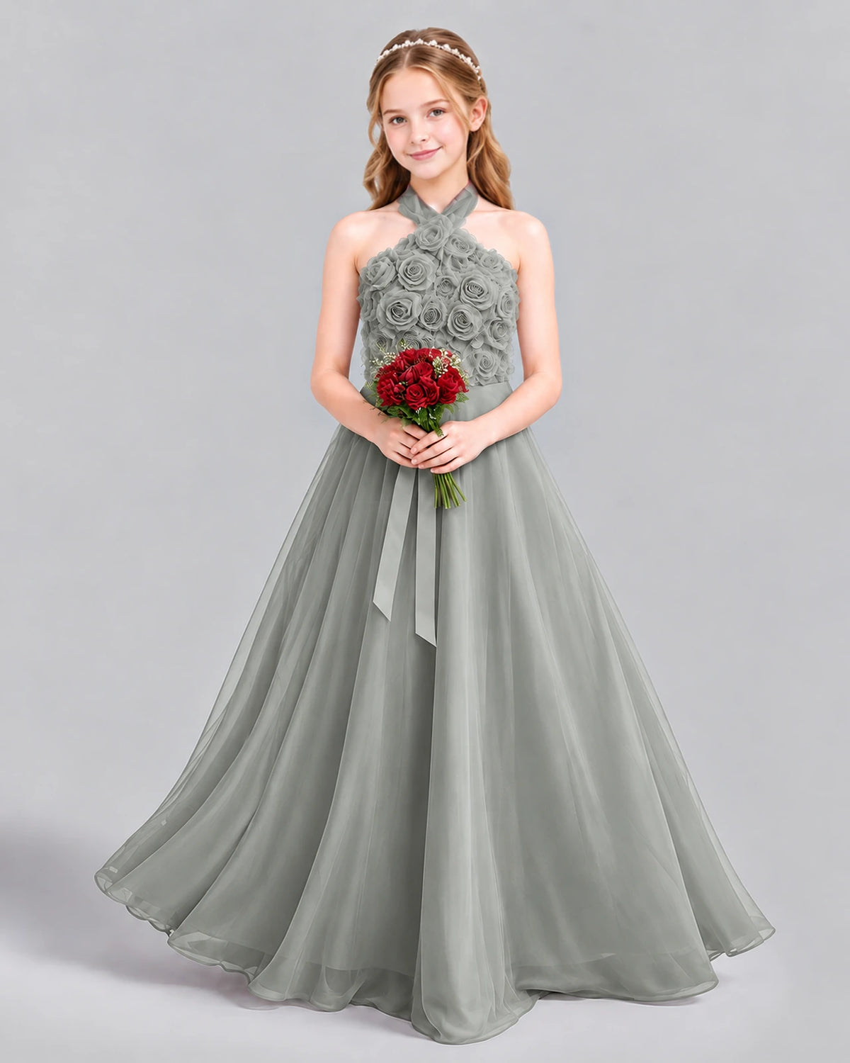 Silver Ball Gown Girls Formal Dress Front