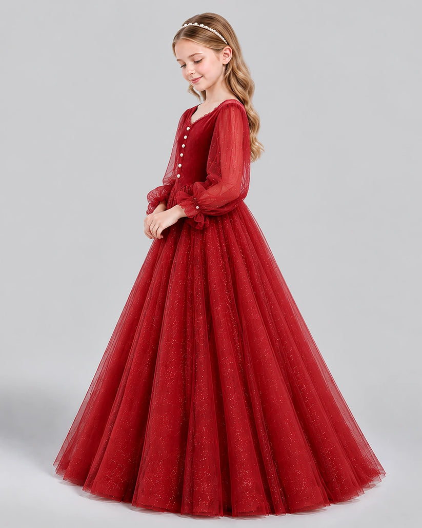 Burgundy Ball Gown Girls Formal Dress Side [Shared]