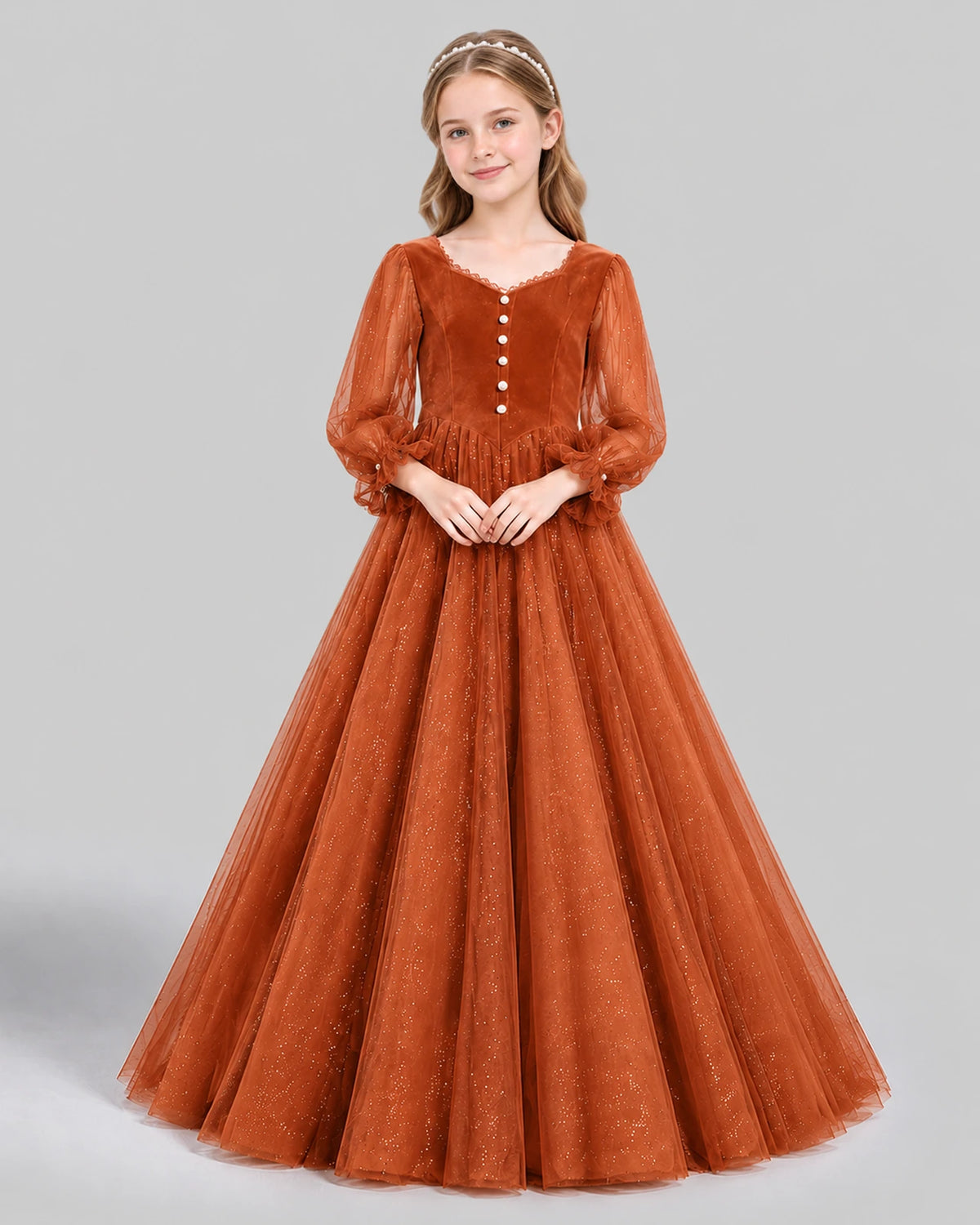 Burnt Orange Ball Gown Girls Formal Dress Front