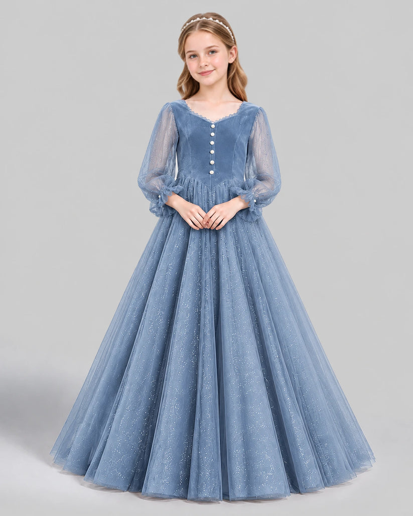 Dusty Blue Ball Gown Girls Formal Dress Front