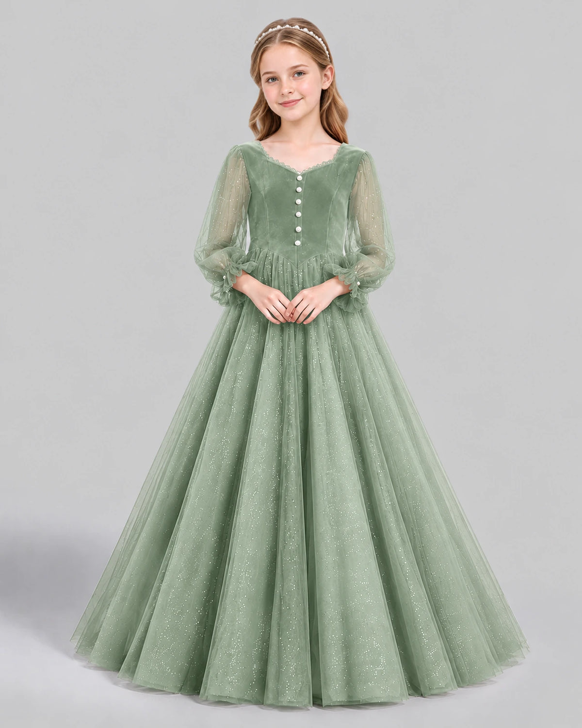 Sage Green Ball Gown Girls Formal Dress Front