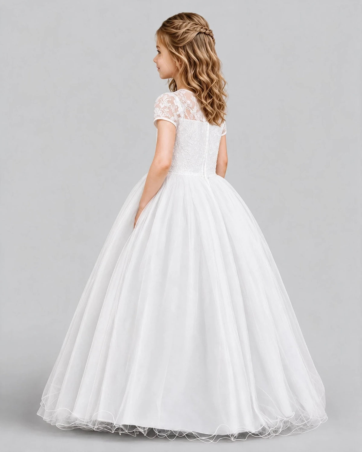 White Ball Gown First Communion Dresses Pose