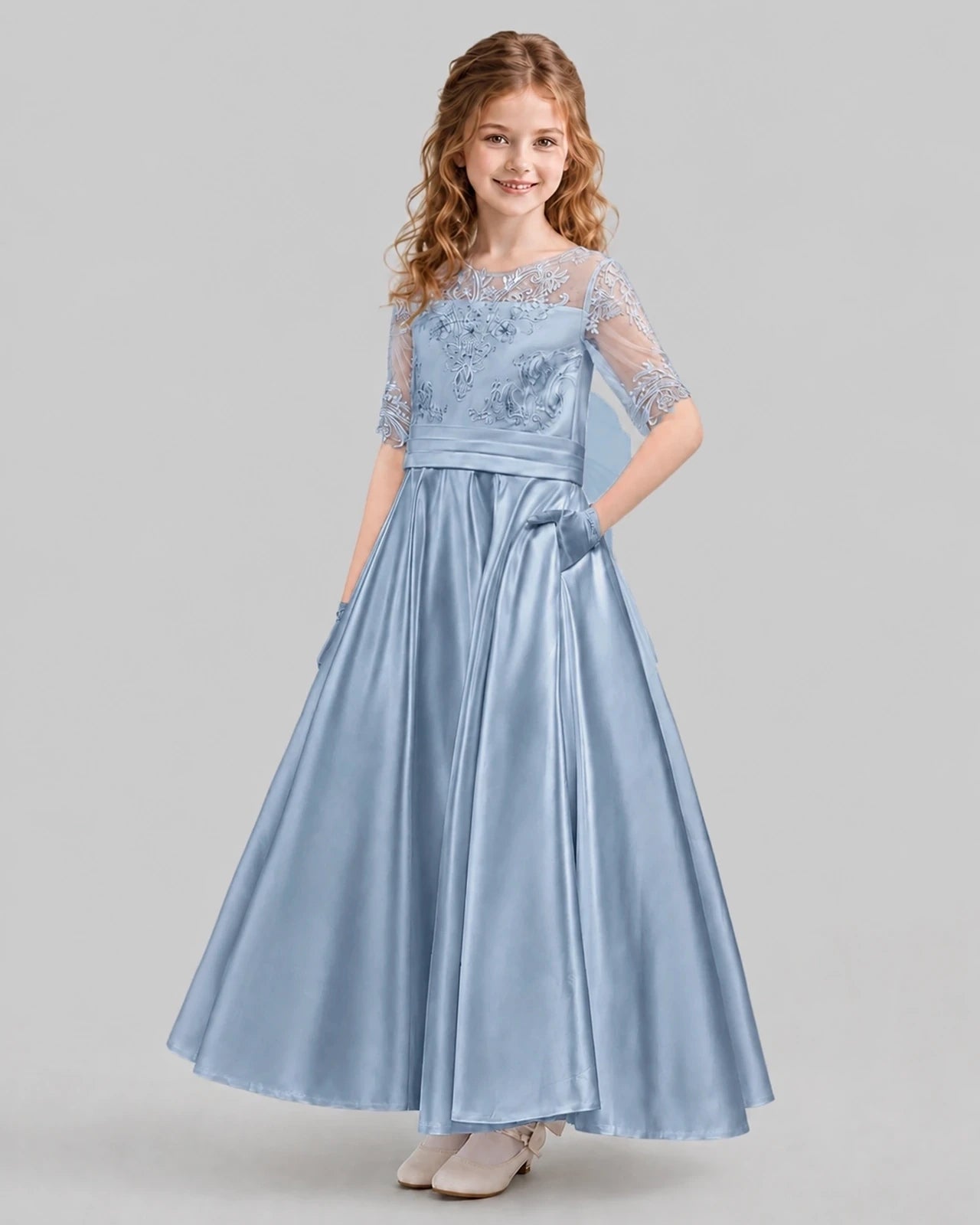 Dusty Blue A-line Junior Bridesmaid Dresses Back