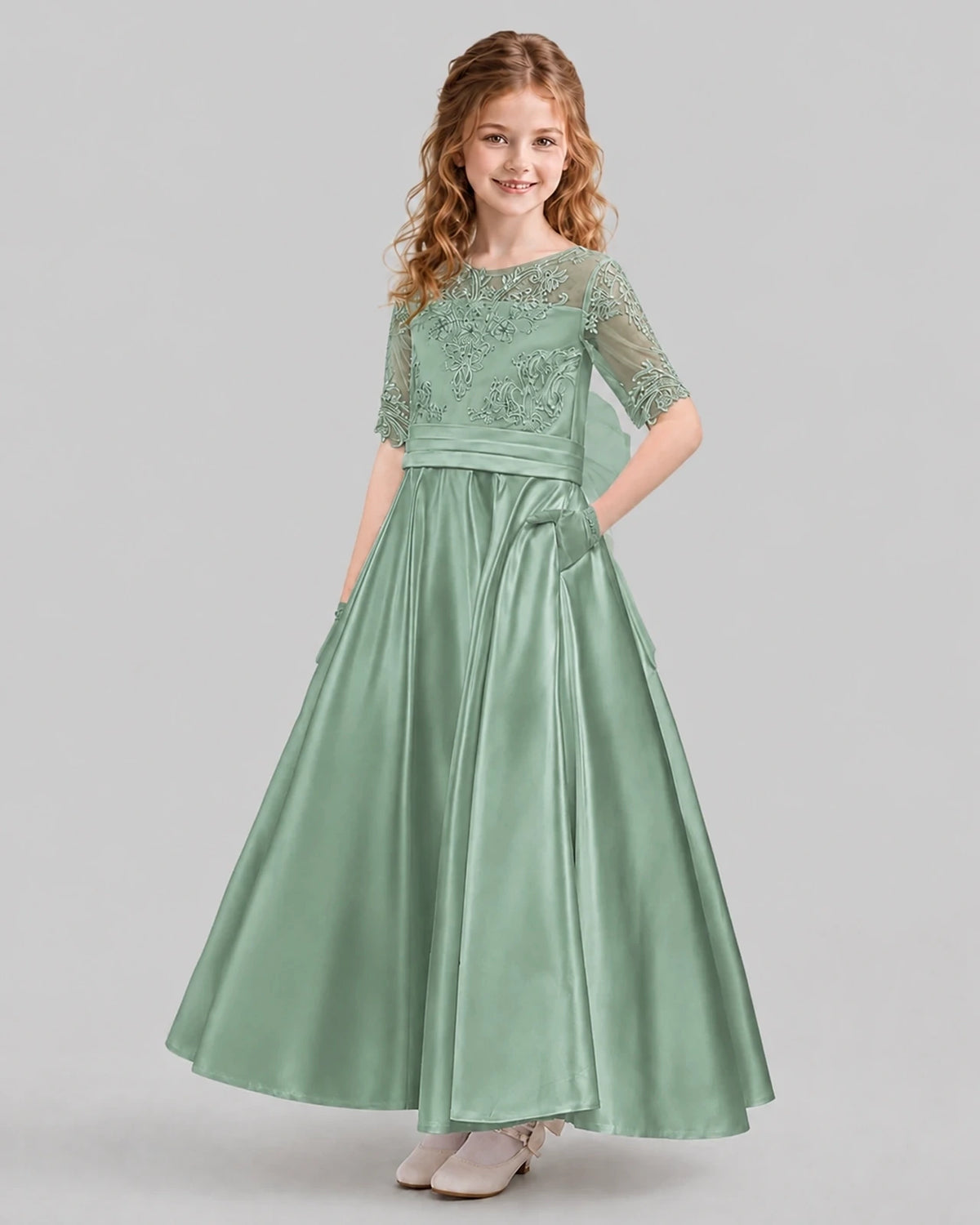 Eucalyptus A-line Junior Bridesmaid Dresses Back