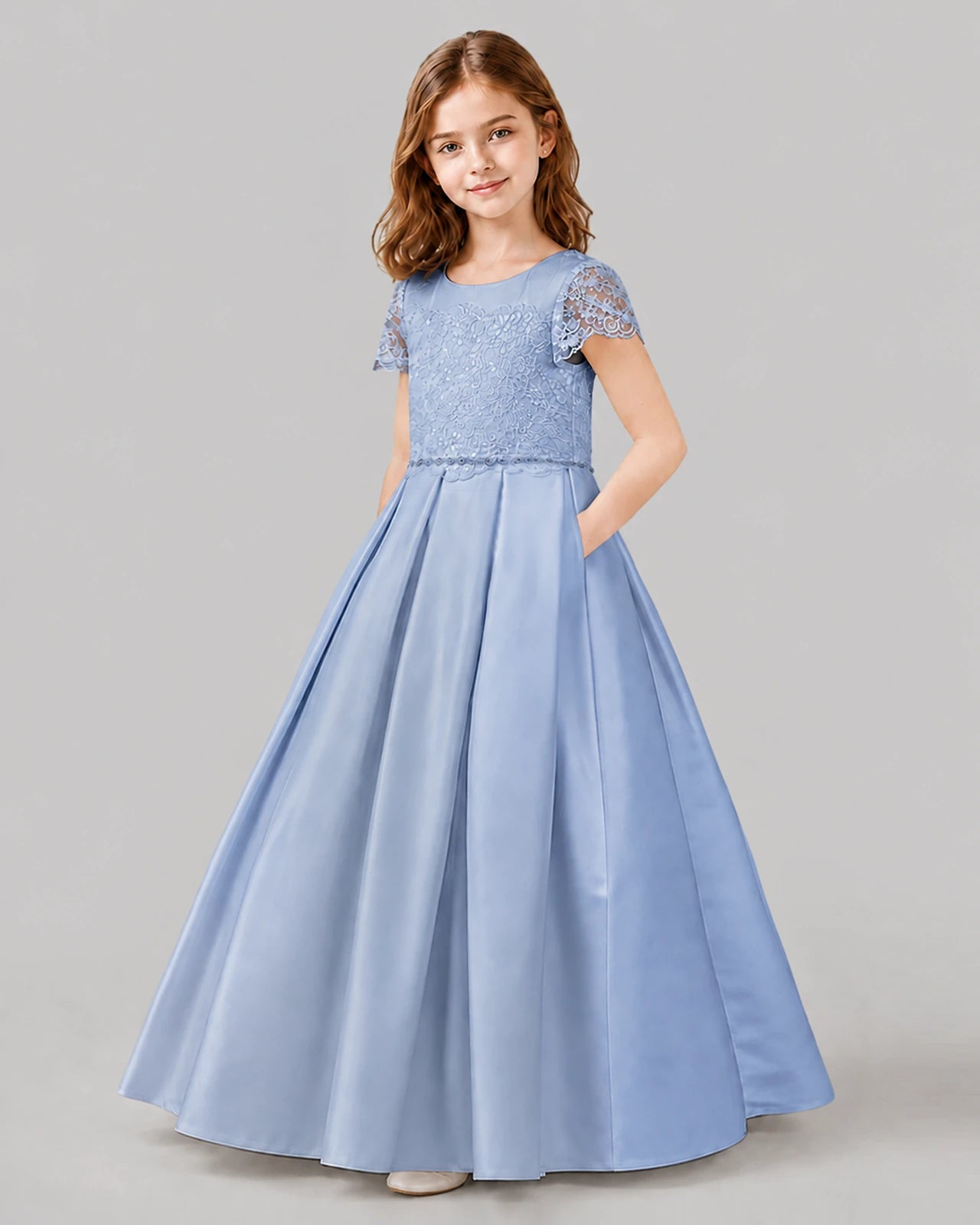 Dusty Blue A-line Junior Bridesmaid Dresses Side