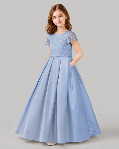 Dusty Blue A-line Junior Bridesmaid Dresses Side
