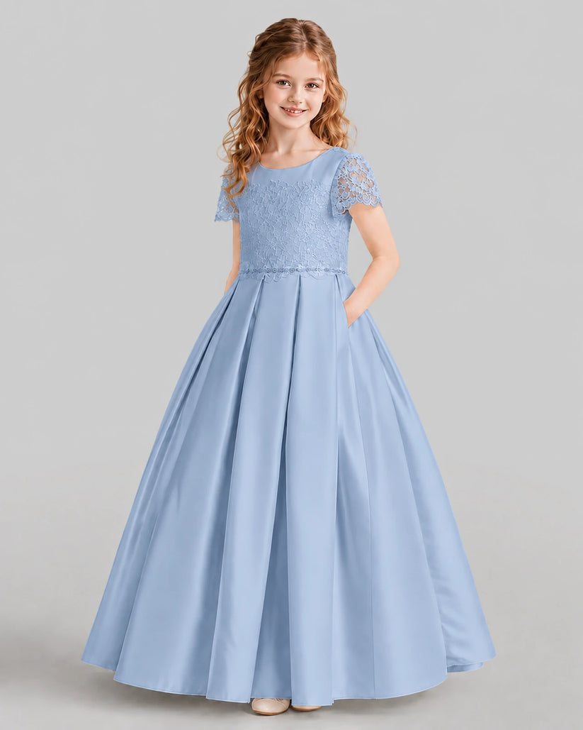 Dusty Blue A-line Junior Bridesmaid Dresses Side
