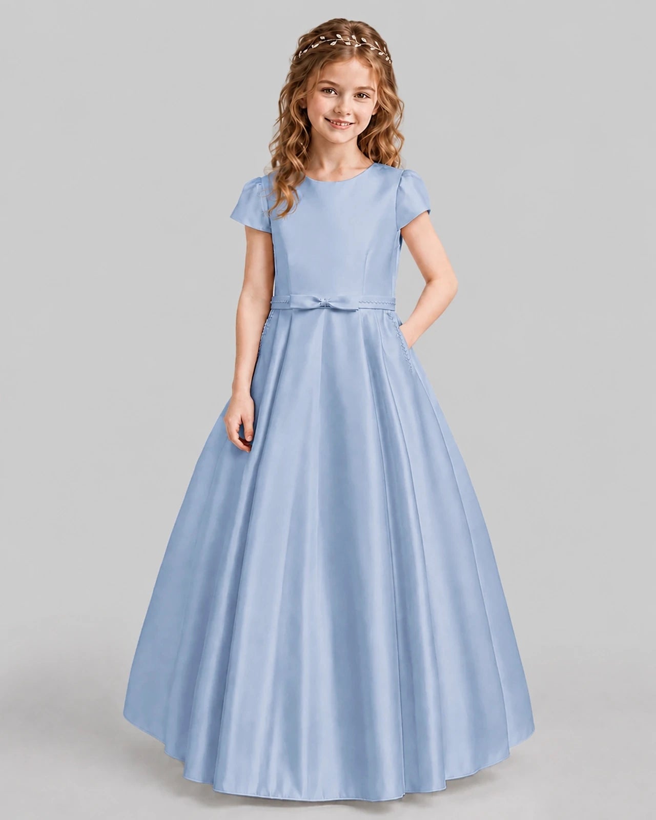 Dusty Blue A-line Junior Bridesmaid Dresses Front