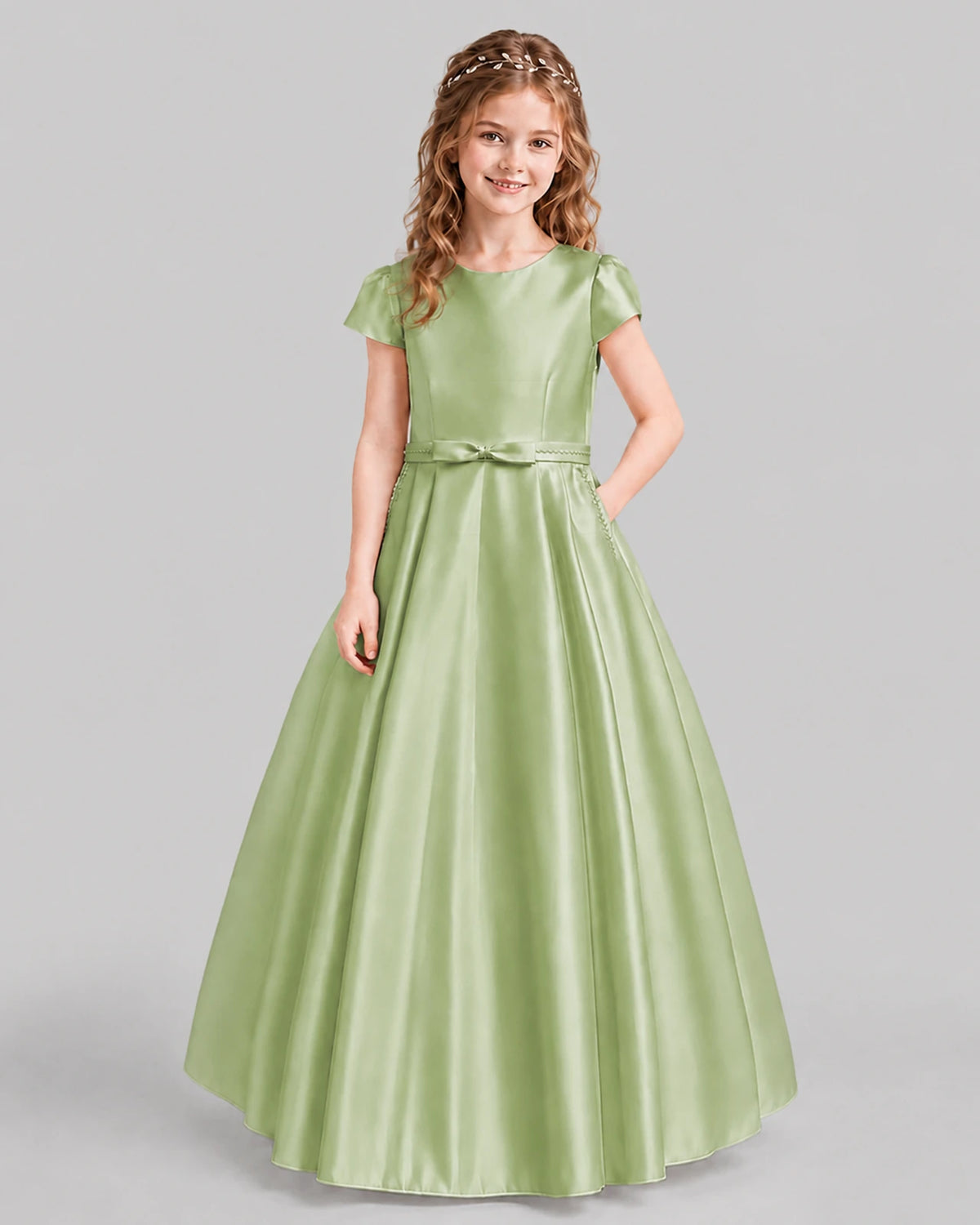 Sage Green A-line Junior Bridesmaid Dresses Front