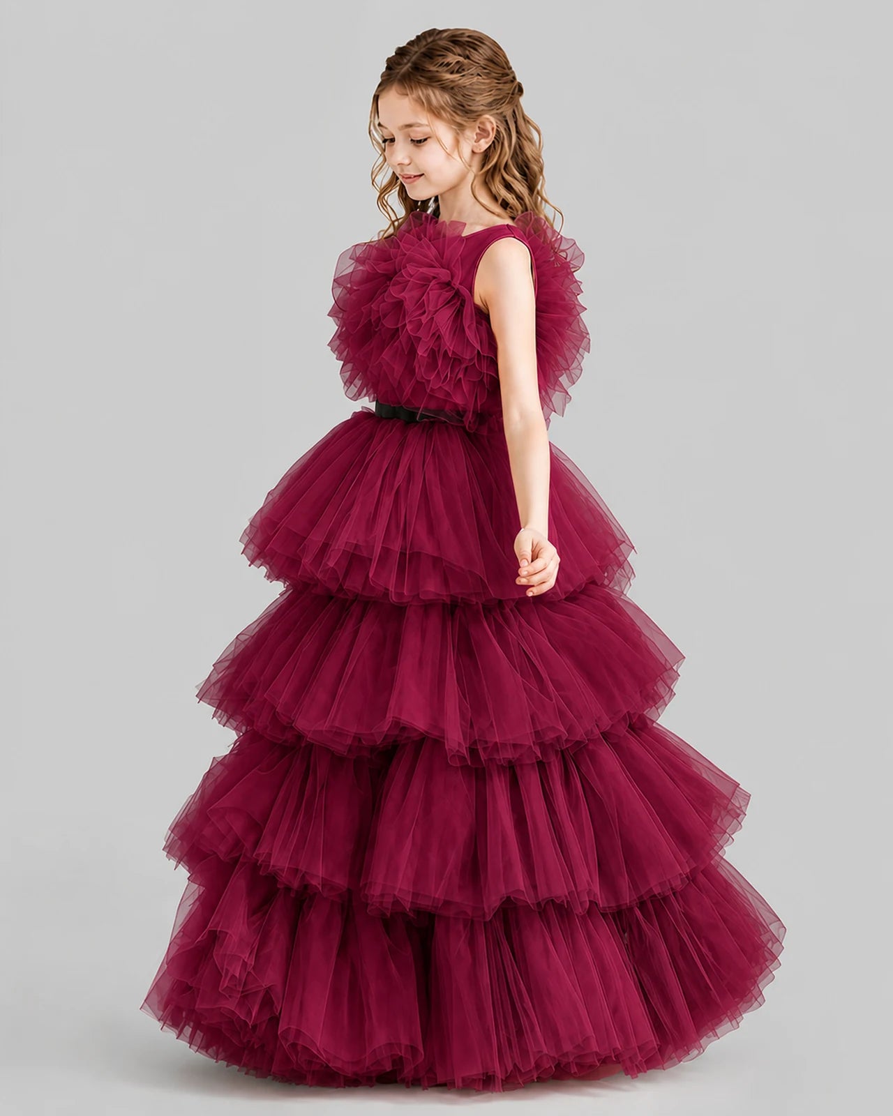 Burgundy Ball Gown Girls Pageant Dresses Side