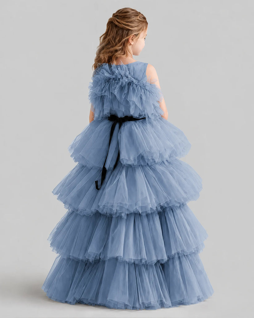 Dusty Blue Ball Gown Girls Pageant Dresses Back