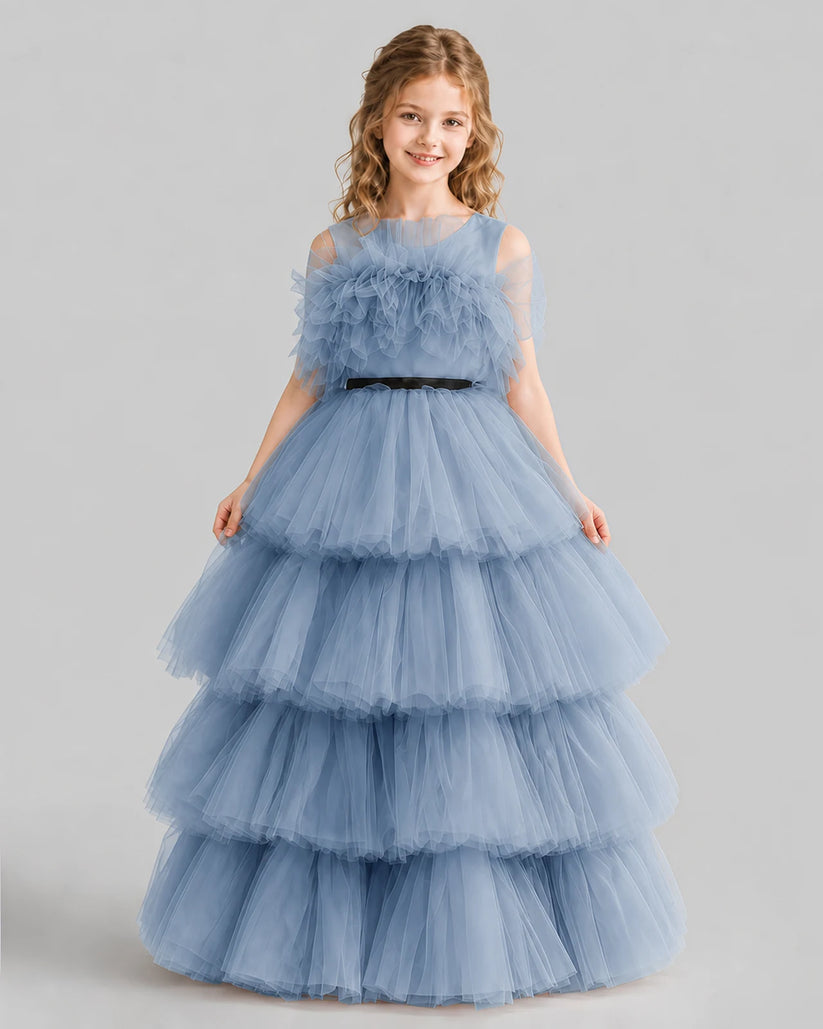 Dusty Blue Ball Gown Girls Pageant Dresses Front