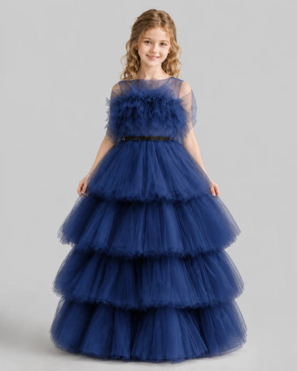 Navy Blue Ball Gown Girls Pageant Dresses Front