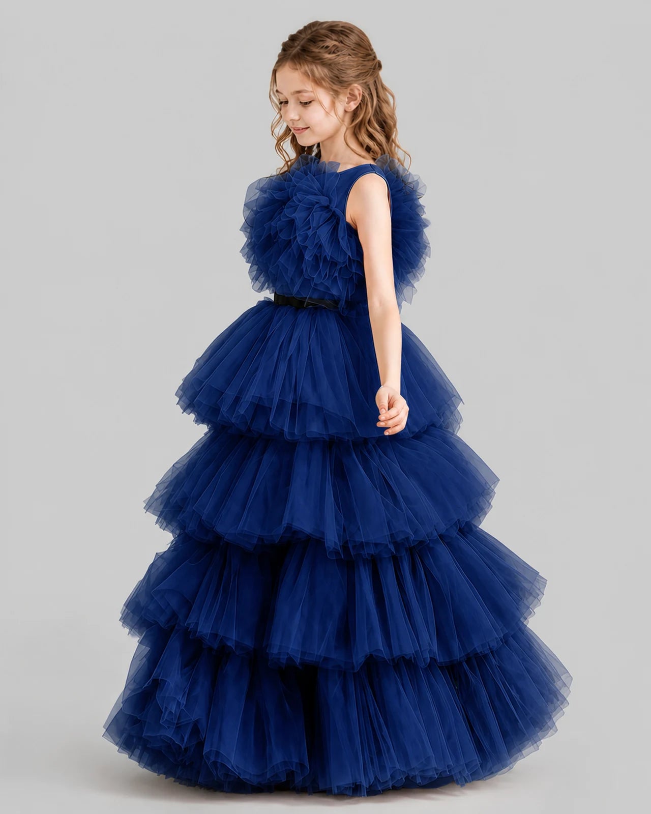 Navy Blue Ball Gown Girls Pageant Dresses Side